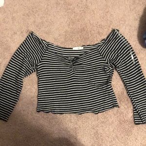 Black and white stripped off the shoulder top